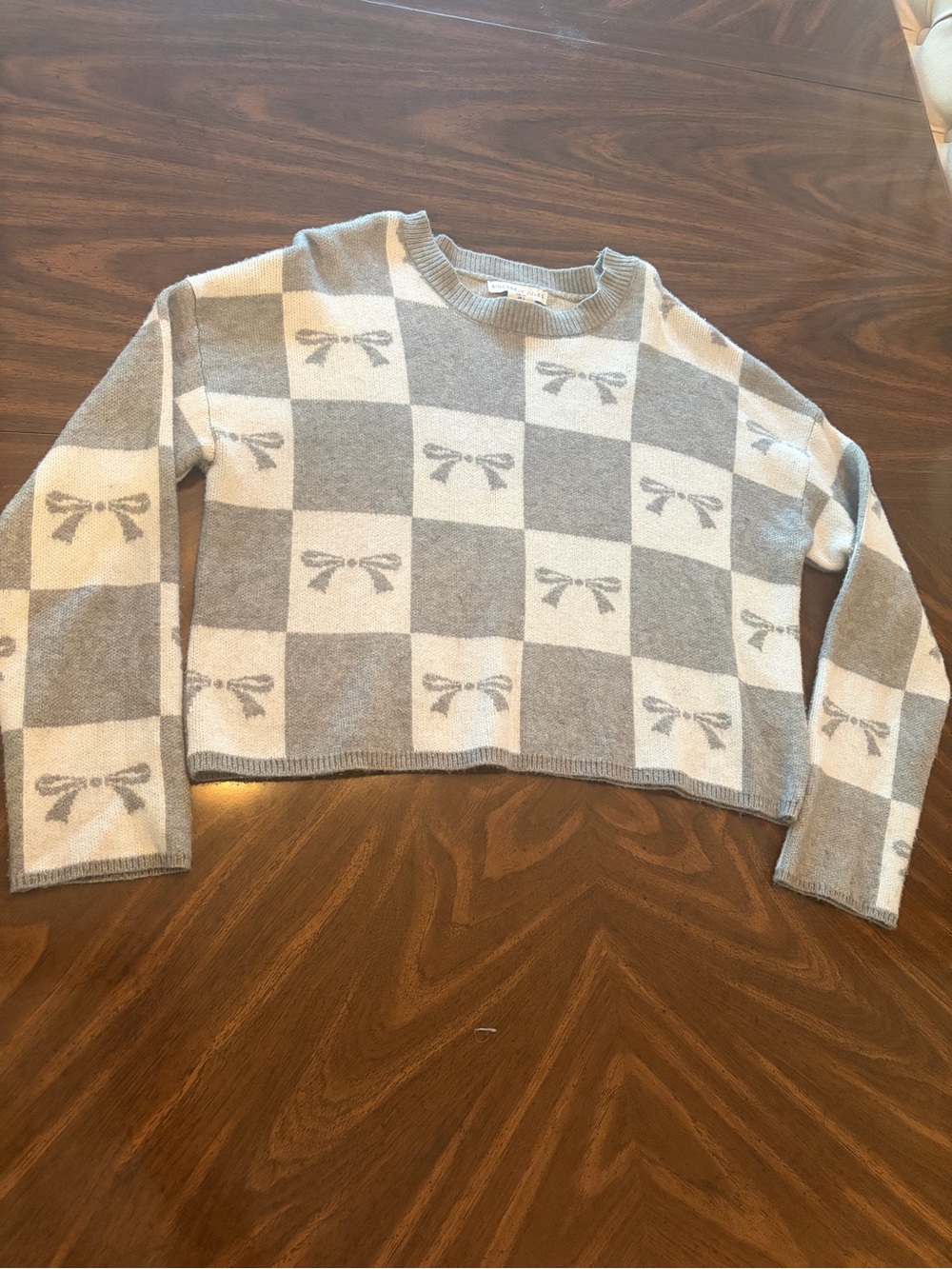 Sincerely Jules Gray and Cream Checkerboard Bow Crewneck Sweater